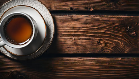 A white cup of tea with a saucer on a wooden table, the dark wood provides a rich contrast to the simple white cup of teaの写真素材