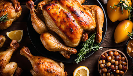 A beautifully roasted whole chicken with golden brown skin, served with lemon wedges, beans, and sauce. The image captures the essence of a delicious and satisfying meal, perfect for a festive gathering or a cozy family dinner.の写真素材