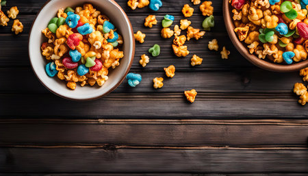 Top view of two bowls filled with popcorn and colorful candies on a wooden table.の写真素材
