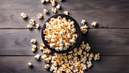 A bowl of popcorn on a rustic wooden table. The popcorn is white and fluffy, and the bowl is dark brown.の写真素材