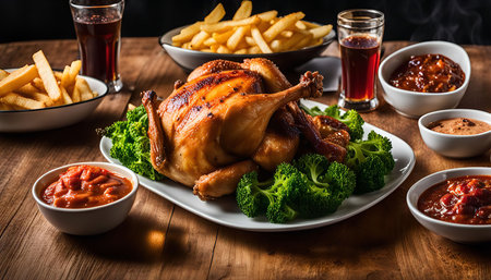 Roasted chicken with broccoli and French fries served on a white plate on a wooden table with sauces and drinks.の写真素材