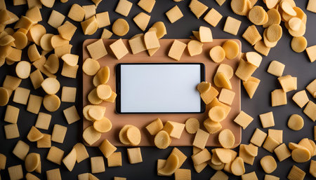 A flat lay image of a smartphone surrounded by crispy snacks on a dark backgroundの写真素材