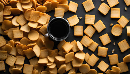 A close-up shot of a coffee mug and a pile of crunchy, salty crackers on a black background.の写真素材