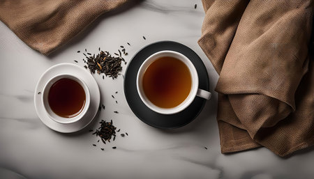Two cups of tea and tea leaves on a marble surface. The cups are white and the tea leaves are scattered on the surface.の写真素材