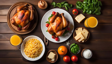 Roasted chicken on a white plate and a wooden plate, with orange, cheese, tomatoes, corn, juice and basil as accompaniments, shot from above on a wooden table.の写真素材