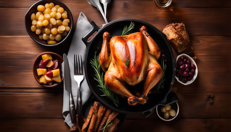 A roasted chicken on a table with side dishes, perfect for a holiday dinner.の写真素材