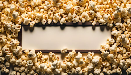 A close-up photo of popcorn forming a frame around a blank white background. The image evokes a sense of anticipation and excitement, perfect for a movie night or any other special occasion.の写真素材