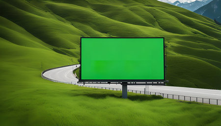 A blank billboard stands beside a winding highway in a picturesque setting with rolling green hills, providing a vast canvas for advertising messages.の写真素材