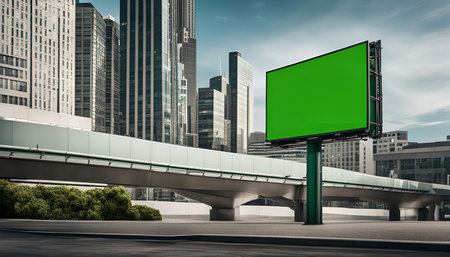 A large green screen billboard stands tall in a city setting, showing its blank canvas ready for any advertisement or message.の写真素材