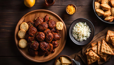 A delicious assortment of appetizers on a wooden table, featuring a platter of meatball-like snacks served with crackers and a bowl of creamy dip.の写真素材