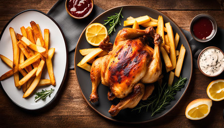 A roasted chicken served with french fries, lemon slices and rosemary sprigs on a black plate. The chicken is crispy and juicy, with a golden brown color. The french fries are also crispy and golden brown. The lemon slices add a bright and tangy flavor. The rosemary sprigs add a subtle fragrance to the dish.の写真素材