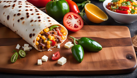 A close-up shot of a burrito on a wooden cutting board surrounded by various ingredients. The burrito is filled with corn, meat, and other ingredients.の写真素材