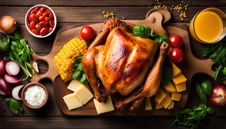 A roasted chicken on a wooden board, surrounded by side dishes like corn on the cob, tomatoes, cheese, basil, onions, and garlic. A glass of orange juice is also present, making this a complete and appetizing meal.の写真素材