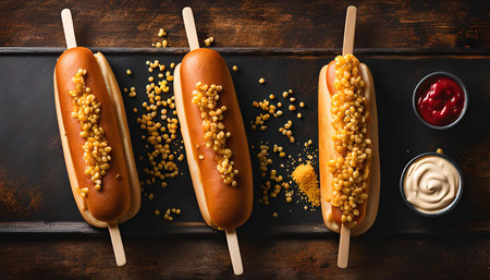 A close-up of three hot dogs on sticks, topped with mustard and ketchup. The hot dogs are on a wooden table, surrounded by a scattering of mustard and ketchup.の写真素材
