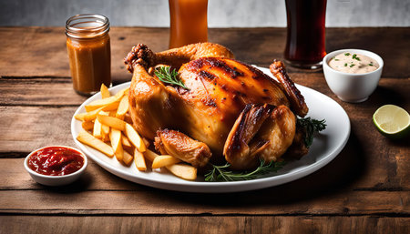 A roasted chicken on a white plate, served with French fries, ketchup, and a lime wedge, on a wooden table. This is a delicious and satisfying meal that is perfect for sharing with friends and family.の写真素材