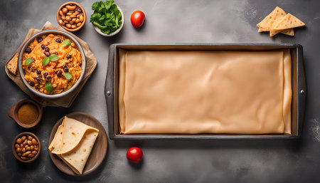 A flat lay showcasing ingredients for a delicious lasagna, including sheets of pasta, meat sauce, ricotta cheese, tomatoes, and herbs, all arranged on a gray backgroundの写真素材