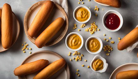 A flat lay photo of corn dogs on plates with mustard and ketchup for dipping.の写真素材
