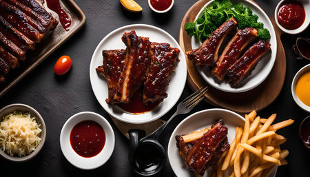 Overhead shot of a delicious meal consisting of barbecue ribs, French fries, and various sauces. The ribs are grilled to perfection and covered in a sweet and savory sauce, making them look incredibly appetizing.の写真素材