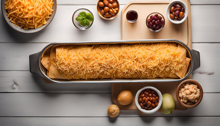 A giant burrito covered in shredded cheese is presented on a white table. Surrounding the main dish are bowls with various ingredients, such as beans, sauces, and vegetables.の写真素材