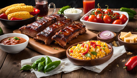 A table set with a delicious BBQ ribs dish, surrounded by side dishes like corn, tomatoes, cheese, and a red onion, along with sauces and herbs, creating a tempting spread.の写真素材