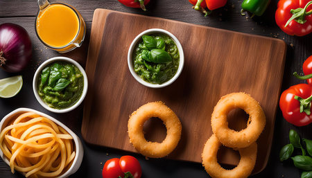 A close-up overhead shot of a wooden cutting board with a plate of fried onion rings, two bowls of green dip, fresh tomatoes, basil, lime, and pasta.の写真素材