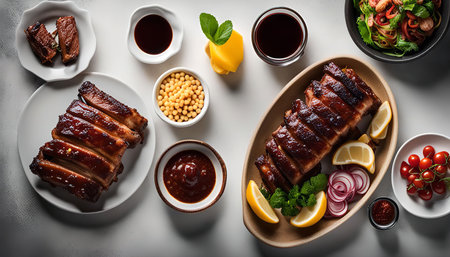 A top view of a plate of delicious BBQ ribs with side dishes and sauces. The ribs are cooked to perfection, with a glossy glaze of barbecue sauce and the side dishes such as lemon, red onion, and cherry tomato add a pop of color and flavor.の写真素材