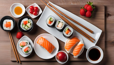 Close up of a delicious sushi dinner set with assorted maki and nigiri rolls, served with soy sauce, chopsticks and fresh fruits.の写真素材