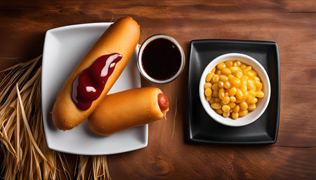 A close-up shot of two hot dogs on a plate with a bowl of corn and a small glass of sauce.の写真素材