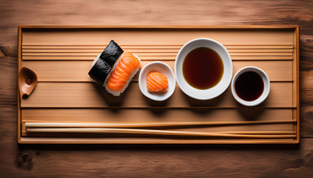 A close up shot of a sushi dish with salmon nigiri and soy sauce on a wooden tray, chopsticks are also present on the tray.の写真素材