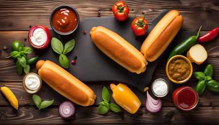 Ingredients for a delicious hot dog: buns, ketchup, mustard, relish, tomatoes, onions, basil and peppers, on a wooden surface.の写真素材