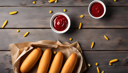 Close-up top view of corn dogs arranged on paper on a wooden table with ketchup, corn and wooden background.の写真素材
