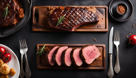 Close-up shot of a delicious grilled steak on a wooden board with a knife and fork on the side, accompanied by tomatoes and potatoes, ready to be served on a black background.の写真素材