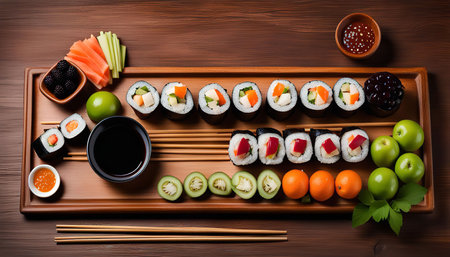 A beautifully arranged sushi platter featuring a variety of rolls, served with soy sauce, wasabi, ginger, and chopsticks. The platter is presented on a wooden tray, showing the fresh and colorful ingredients. It's a perfect example of Japanese culinary artistry and a delightful treat for sushi lovers.の写真素材
