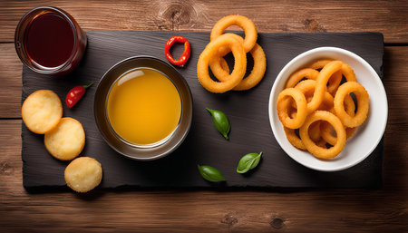 A close-up overhead shot of a slate serving board with a bowl of crispy onion rings, two dipping sauces, and garnishes like red peppers and basil leaves.の写真素材
