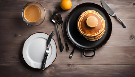 A stack of golden brown pancakes with butter on a plate, along with a cup of coffee and utensils on a wooden table, this image embodies a perfect breakfast scene.の写真素材