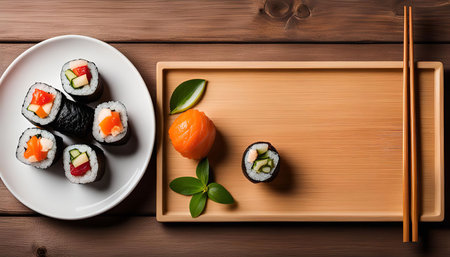 Close up view of a plate of sushi rolls on a wooden table with a tray, chopsticks and green leaves.の写真素材
