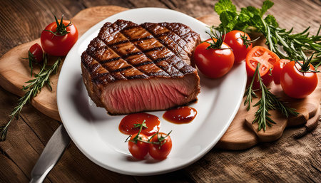 A juicy, grilled steak, perfectly cooked, served on a white plate with fresh tomatoes and rosemary sprigs, a delicious and tempting mealの写真素材