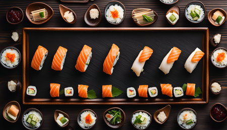 A variety of sushi rolls presented on a black wooden platter, surrounded by various garnishes such as ginger, wasabi, and soy sauce.の写真素材