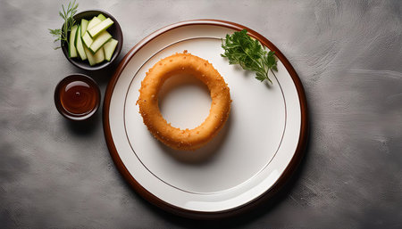 A close-up shot of a crispy fried dough ring on a white plate, with a bowl of zucchini slices, a small dish of honey, and a sprig of parsley on the side.の写真素材