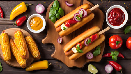 Two hot dogs topped with ketchup, mustard, onions, tomatoes, cheese and basil on a wooden plate, surrounded by corn on the cob, peppers, basil and limes.の写真素材