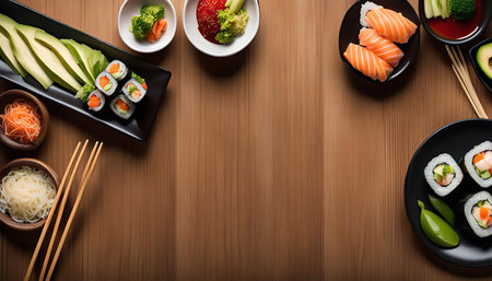 Sushi rolls with salmon and vegetables arranged on a wooden table with chopsticks, ginger and wasabi.の写真素材