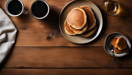 A top view of a delicious breakfast with pancakes, coffee and a warm syrup.の写真素材