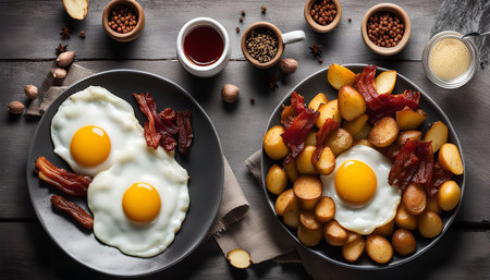 A plate of fried eggs, crispy bacon, and golden potatoes, a satisfying and delicious breakfast spread.の写真素材