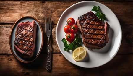 A delicious grilled steak served on a white plate with cherry tomatoes, parsley, and a lemon wedge. The steak is perfectly cooked, with a nice char on the outside and a juicy interior. It's a classic dish that is sure to please any meat lover.の写真素材
