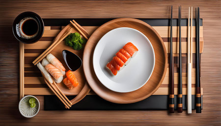 A close-up shot of a plate of salmon sushi, chopsticks, and soy sauce on a wooden tray.の写真素材