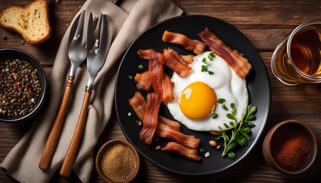 Close up of a plate with a fried egg, crispy bacon, and garnish on a wooden table. The meal looks delicious and perfect for a breakfast or brunch.の写真素材