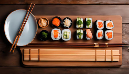 A beautifully arranged sushi set on a wooden board, featuring various types of nigiri and maki. The sushi pieces include salmon, cucumber, and avocado. Chopsticks and a small plate are included for dining. The image is a classic representation of Japanese cuisine.の写真素材