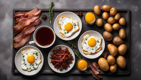 A delicious breakfast spread featuring fried eggs, crispy bacon, and potatoes on a wooden tray. The warm colors and appetizing ingredients make this a perfect start to the day.の写真素材