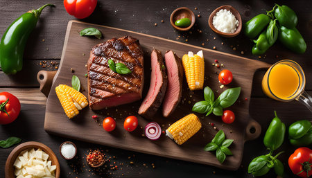 A close-up shot of a delicious steak on a wooden board, accompanied by a variety of vegetables like corn, tomatoes, peppers, and basil.の写真素材