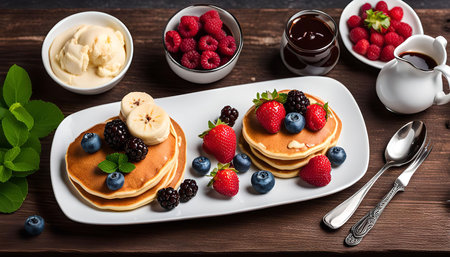 A close-up image of a plate of pancakes topped with fresh berries, bananas, and a drizzle of chocolate syrup. The plate is placed on a wooden table.の写真素材